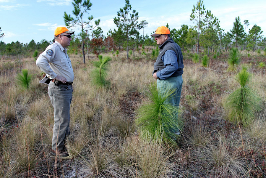 Tommy Hughes (NCWRC) and Tom Darden, Stones Creek Game Land, NC, December 2011 (Photo by Lark Hayes)