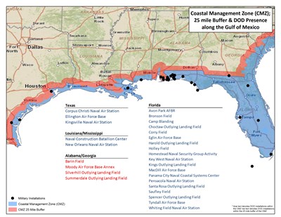 Coastal Management Zone; 25 Mile Buffer & DoD Presence along the Gulf of Mexico